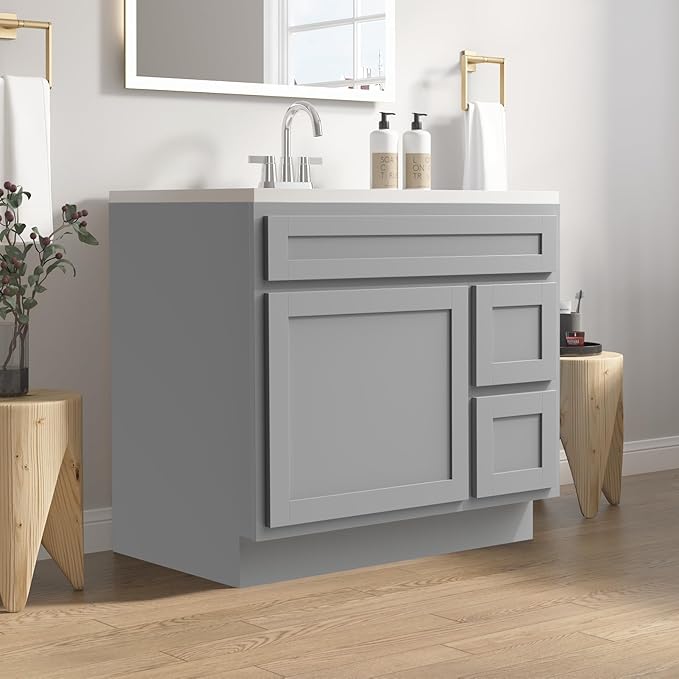 Vanity Art 36 Inch Single Bathroom Vanity Base Only Cabinet Rustic Bathroom Vanity with Drawers, Sturdy Floor Mounted Storage Cabinet Organizer for Bedroom, Living Room, Kitchen, Grey