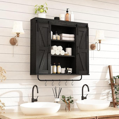 RUSTOWN Rustic Wood Wall Storage Cabinet with Two Sliding Barn Door, 3-Tier Decorative Farmhouse Vintage Cabinet for Kitchen Dining, Bathroom, Living Room,Black