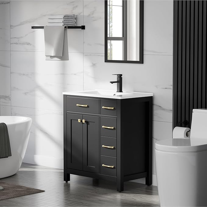 LUCKWIND 30" Modern Bathroom Vanity with Sink, Painted Storage Cabinet with Undermounted Sink, Two Doors and Three Drawers, Include Faucet Without Mirror, Black