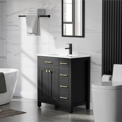 LUCKWIND 30" Modern Bathroom Vanity with Sink, Painted Storage Cabinet with Undermounted Sink, Two Doors and Three Drawers, Include Faucet Without Mirror, Black