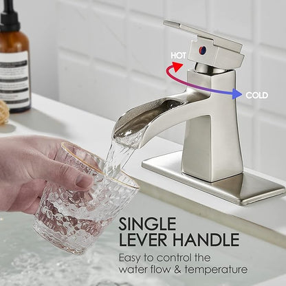 Brushed Nickel Waterfall Bathroom Faucet, Sanliv Single Handle Bathroom Sink Faucet with Pop-Up Drain & Deck Plate for 1 or 3-Hole (4 Inch Centerset) Modern Vanity Faucet Brushed Nickel