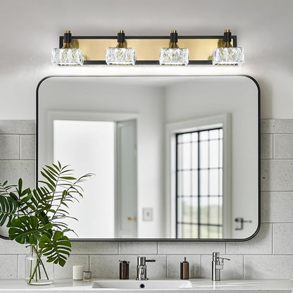 4-Light Bathroom Vanity Light Dimmable, 24W LED Bathroom Lighting Fixtures Over Mirror, Gold Black Wall Sconce with Crystal Shade for Daylight Illumination