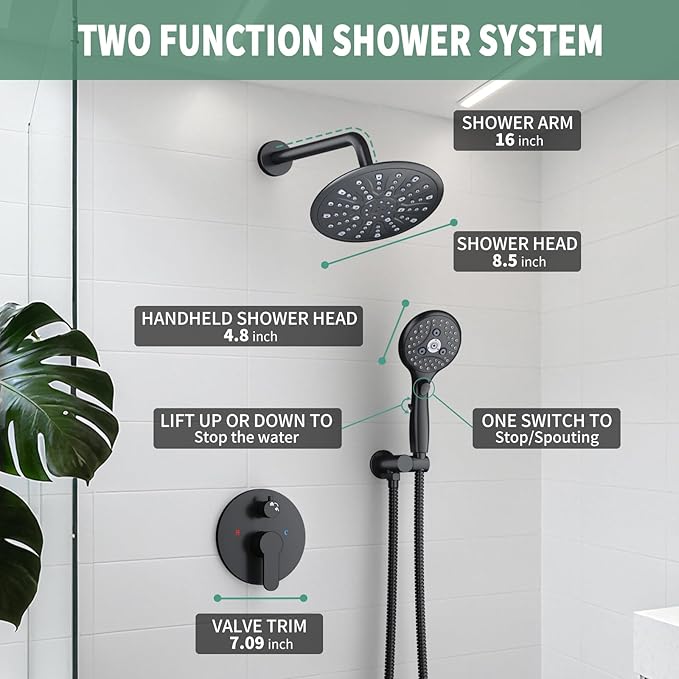 Suncleanse Black Shower Faucet Sets - 8.5" Rain Shower Head Combo with 7-Setting handheld Spray Complete Shower System - Rainfall Shower Fixtures with Rough-in Valve and Trim Kit for Luxury Bathroom