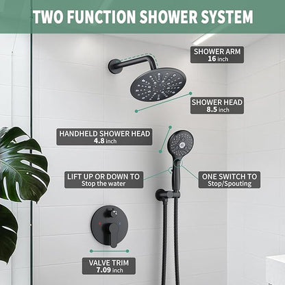 Suncleanse Black Shower Faucet Sets - 8.5" Rain Shower Head Combo with 7-Setting handheld Spray Complete Shower System - Rainfall Shower Fixtures with Rough-in Valve and Trim Kit for Luxury Bathroom