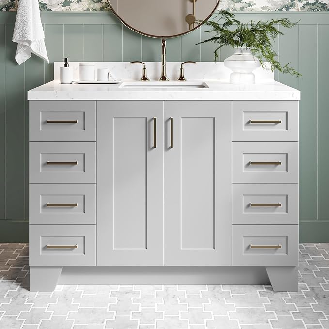 Emilia 48-Inch Bathroom Vanity with Sink — Grey Single Sink Bathroom Vanity, 1.5" Edge Carrara Quartz Countertop, Solid Wood, 2 Soft Closing Doors, 9 Dovetail Drawers