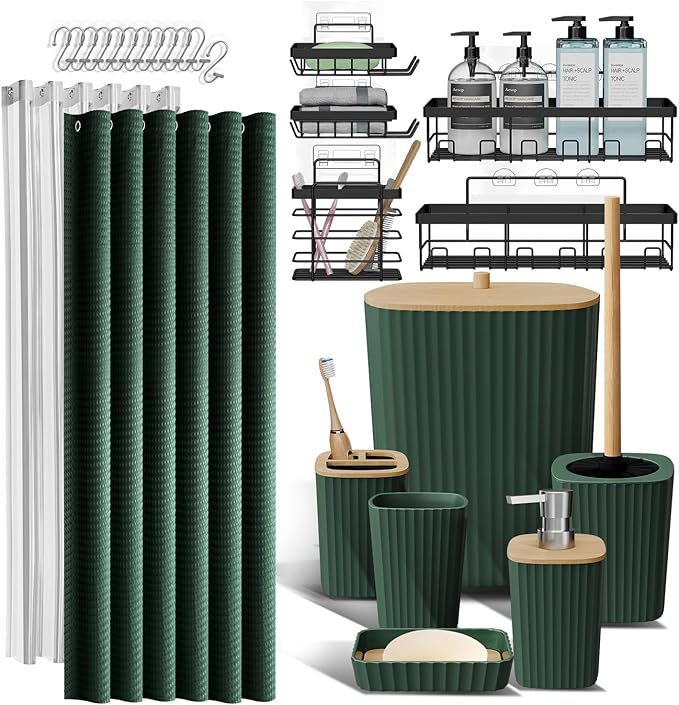Clara Clark Bathroom Set, Shower Curtain Set and Shower Caddy Hanging | 25 Piece Hunter Green Bathroom Accessories Set with Toothbrush Holder, Soap Dispenser, Soap Dish, Toilet Brush, and Trash Can
