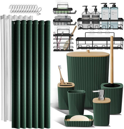Clara Clark Bathroom Set, Shower Curtain Set and Shower Caddy Hanging | 25 Piece Hunter Green Bathroom Accessories Set with Toothbrush Holder, Soap Dispenser, Soap Dish, Toilet Brush, and Trash Can