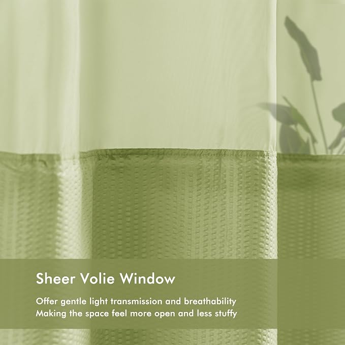 No Hook Shower Curtain with Snap-in Liner, Embossed Waffle Design Fabric Shower Curtain for Bathroom, Soft & Lightweight, 71x74, Sage Green