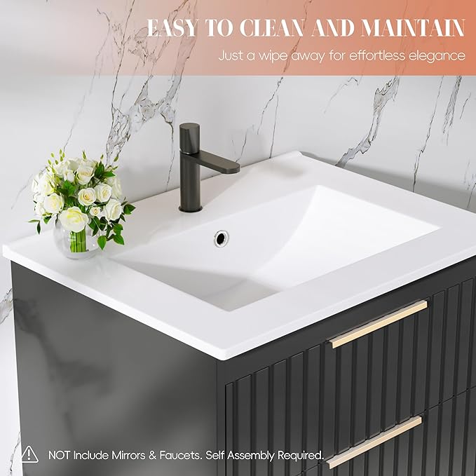 24" Bathroom Vanity with Sink, Floating Vanity Bathroom Sink Cabinet Wall Mount, Soft-Close Function 2 Large Drawers, Grooved Stripe Design, Hidden Damping Drawers, Black