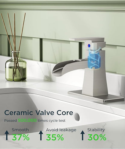 FORIOUS Brushed Nickel Bathroom Faucet 1 or 3 Holes, Vanity Faucet Single Handle with Pop-Up Drain and Water Supplies for Commercial, Lavatory, Restroom, Farmhouse