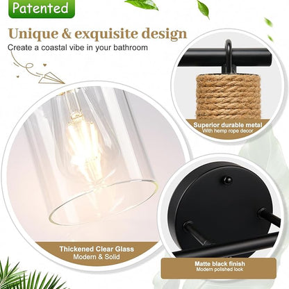MOKATNG Bathroom Light Fixtures, 2-Light Farmhouse Vanity Lights with Hemp Rope, Black Bathroom Wall Lamp for Mirror Kitchen Hallway Cabinet