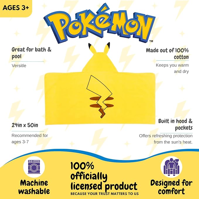 Pokemon Pikachu Kids Super Soft Bath/Pool/Beach Soft Cotton Terry Hooded Towel Wrap, 24 in x 50 in, (Officially Licensed Product) By Franco
