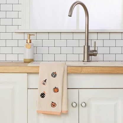 SKL Home Halloween Tossed Pumpkins Hand Towel Set-2pc, 100% Cotton, Taupe | Soft, embroidered velour. Great for the bathroom, kitchen or bar & gifting.