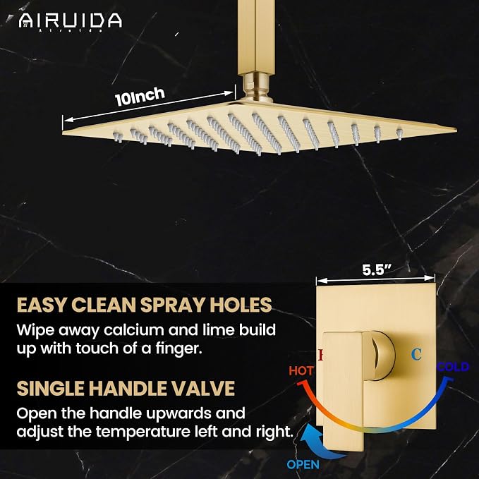 Airuida 10 Inch Brushed Gold Shower Faucet Set,Rainfall Shower System | Ceiling Shower Head,Male Thread Rough-in Valve,Ceiling Mount,Single Handle