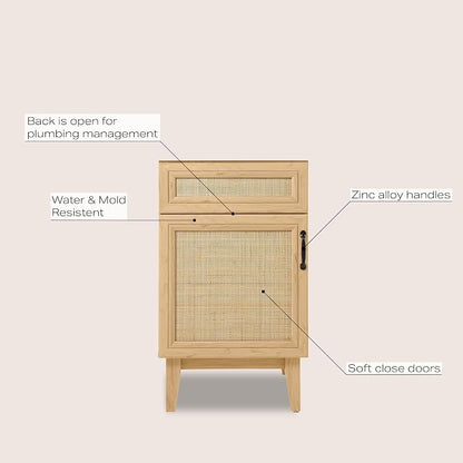 JONATHAN Y Javer Bohemian Rattan Freestanding Bath Vanity, 20", Oak | 18" Deep, 33" High, Single Soft-Close Door, Caned Paneling, 2-Shelf Storage, Basin Not Included, Modern Farmhouse Style