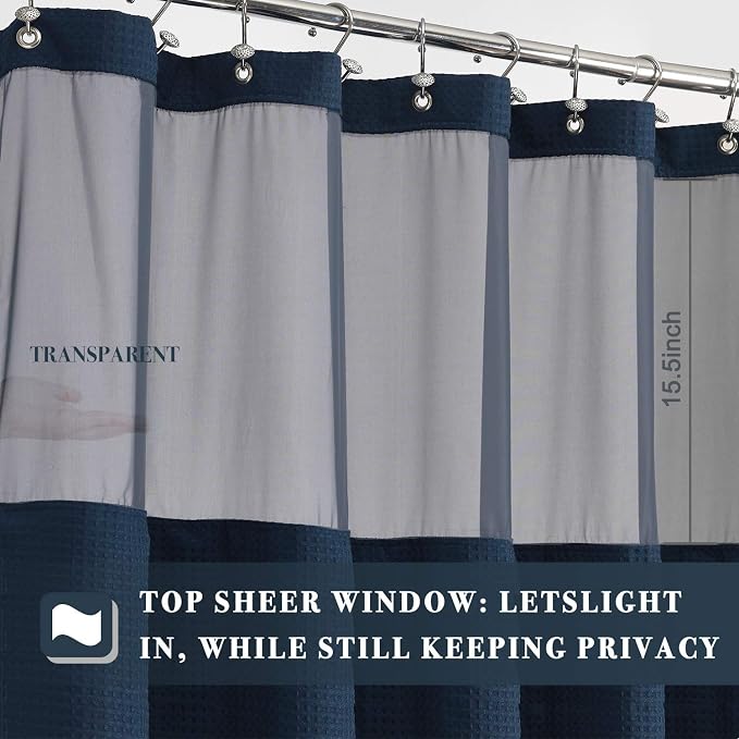 N&Y HOME Extra Long Waffle Shower Curtain with Snap-in Liner Navy, 71x84 | 12 Hooks & Snap on Fabric Liner, Washable, Mesh Window, Hotel Style, 84 inches Length Navy Shower Curtain Set for Bathroom