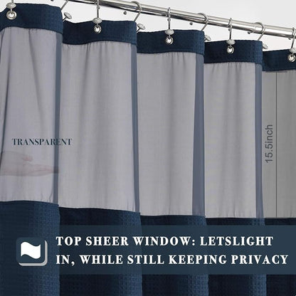 N&Y HOME Extra Long Waffle Shower Curtain with Snap-in Liner Navy, 71x84 | 12 Hooks & Snap on Fabric Liner, Washable, Mesh Window, Hotel Style, 84 inches Length Navy Shower Curtain Set for Bathroom