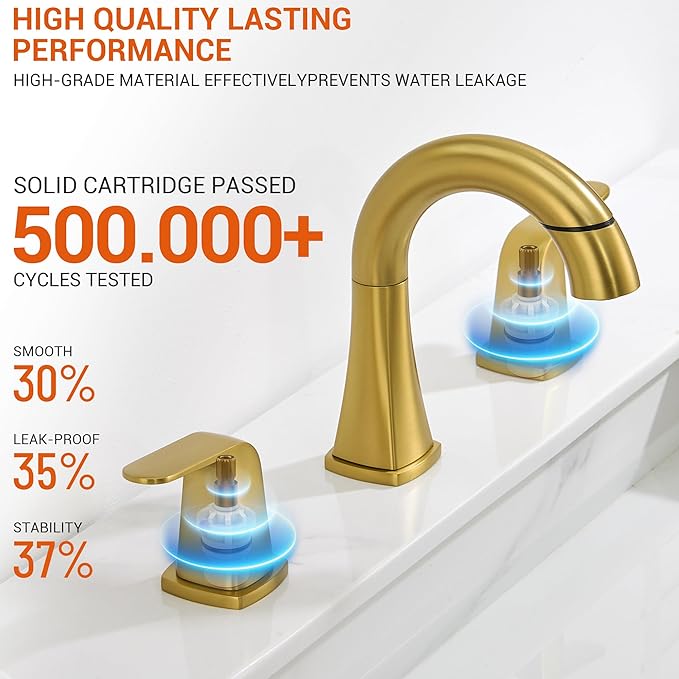 Gold Bathroom Faucet with Sprayer - Brushed Gold Faucets for Sink 3 Holes, Bathroom Pull Down Faucet, 2 Handles 8 Inch Widespread Vanity Faucet with Pull Out Sprayer & Pop-up Drain