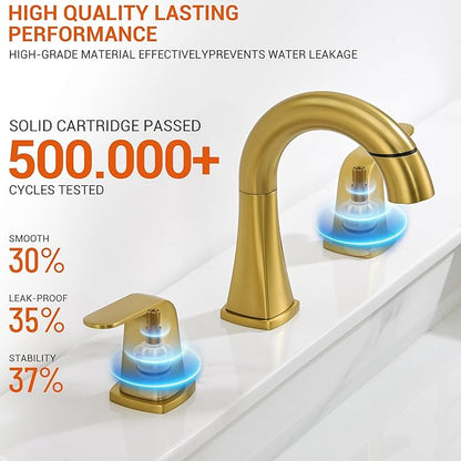 Gold Bathroom Faucet with Sprayer - Brushed Gold Faucets for Sink 3 Holes, Bathroom Pull Down Faucet, 2 Handles 8 Inch Widespread Vanity Faucet with Pull Out Sprayer & Pop-up Drain