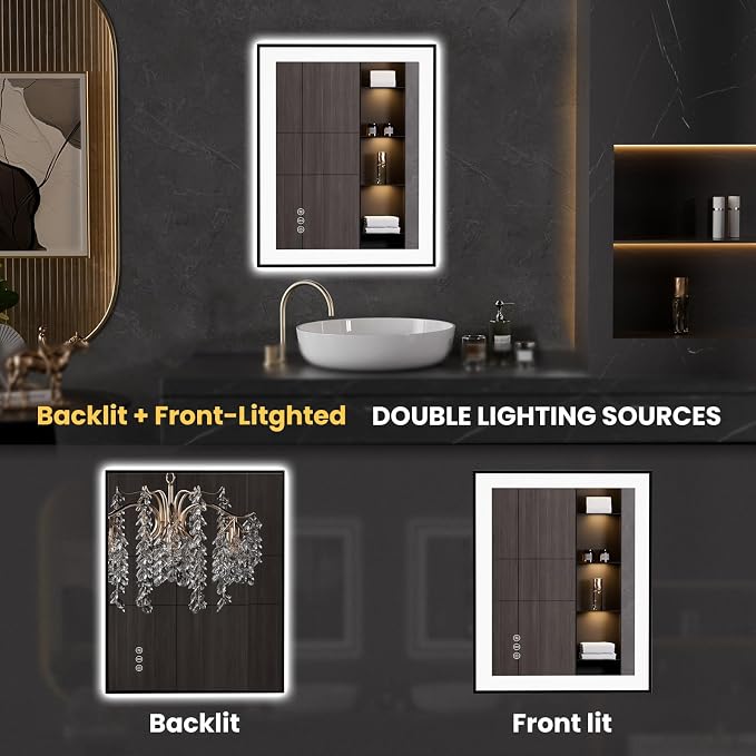 LOAAO 24"X30" LED Bathroom Mirror Black Framed | Anti-Fog, Dimmable, Memory Function, Tempered Glass, Lighted Vanity Mirror for Wall
