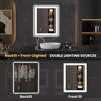 LOAAO 24"X30" LED Bathroom Mirror Black Framed | Anti-Fog, Dimmable, Memory Function, Tempered Glass, Lighted Vanity Mirror for Wall