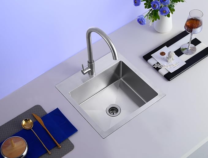 15"x15" Drop-In Single Bowl Bar Sink T-304 Stainless Steel 1-Hole | 15 inch Drop-in Sink | T-304 SS Square Sink| 1 Faucet Hole | 2" Drain Hole | Handmade | Camper/Boat/Small Kitchen