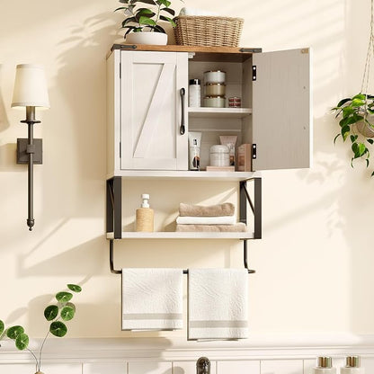 Bonnlo Wall Cabinet Farmhouse with Tower Bar Small Bathroom Medicine Cabinet Over Toilet Storage Organizer with Tower Bar Wall Mounted for Bathroom Kitchen Rustic White & Brown
