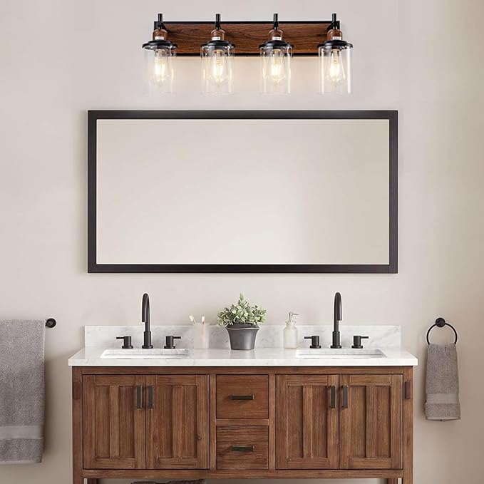 4-Light Farmhouse Bathroom Light Fixtures Vintage Bathroom Vanity Lights Over Mirror Black and Wood Painted Metal Vanity Light for Bathroom with Glass Shades E26 Socket