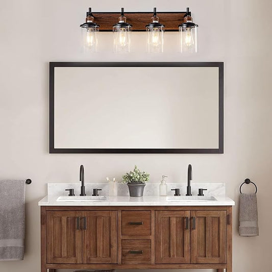 4-Light Farmhouse Bathroom Light Fixtures Vintage Bathroom Vanity Lights Over Mirror Black and Wood Painted Metal Vanity Light for Bathroom with Glass Shades E26 Socket