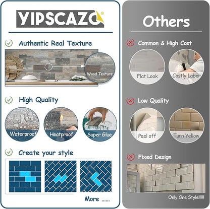 Yipscazo Peel and Stick backsplash 3 x 6 Inches 3D PVC Composite Wall Tile Stick on Backsplash Tile for Kitchen Bathroom, Laundry Room, Fireplace(Wood, 160 Pieces)