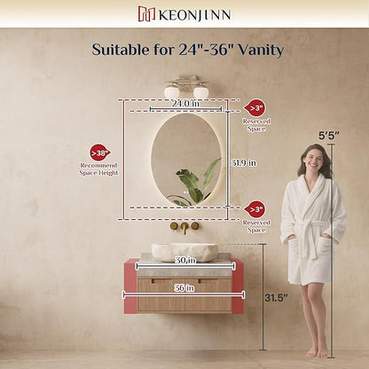 Keonjinn Oval LED Mirror 24 x 32 Inch, Backlit Mirror Bathroom with HD Tempered Glass, UL-Listed, 3 Color Temperatures, Stepless Dimmable, Defogging, Frameless Lighted Vanity Mirrors for Wall
