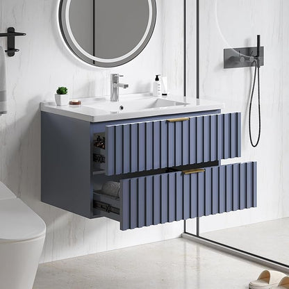 ONBRILL 30 Inch Bathroom Vanity with Sink Combo, Floating Bathroom Vanity with 2 Fluted Drawers & Metal Handle, Modern Wall Mount Storage Cabinet with Ceramic Integrated Sink for Small Space (Blue)