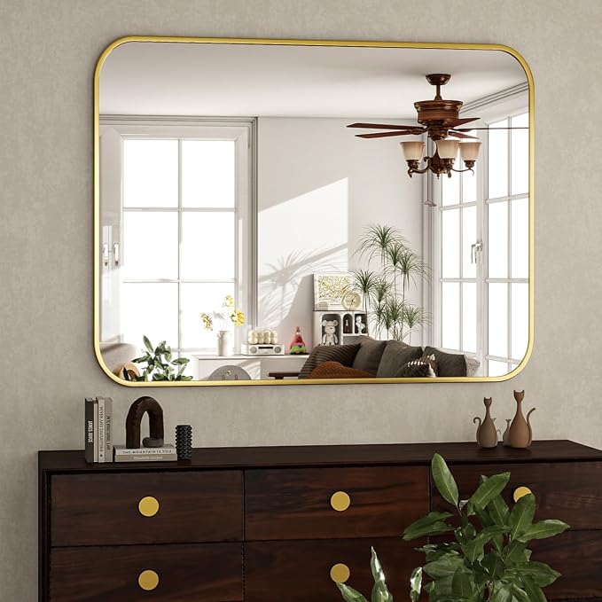 30x40 Inch Gold Bathroom Vanity Mirror for Over Sink | Rectangle Wall Mirror for Bathroom with Round Corner, Hangs Horizontally Vertically for Living Room, Bedroom as Home Decor