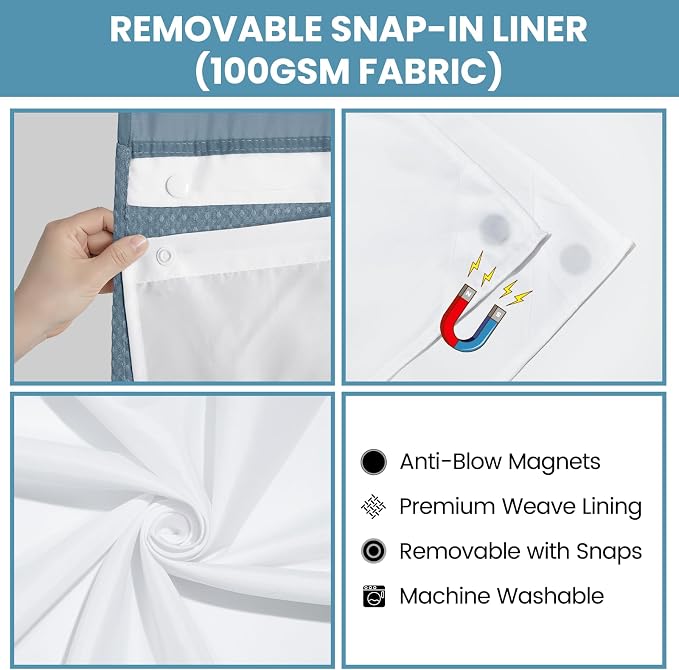 SORTTO No Hook Shower Curtain with Snap in Liner Set Waffle Shower Curtain for Bathroom Hotel Style Fabric Waterproof Inner Liner，71" W x 74" H, Stone Blue