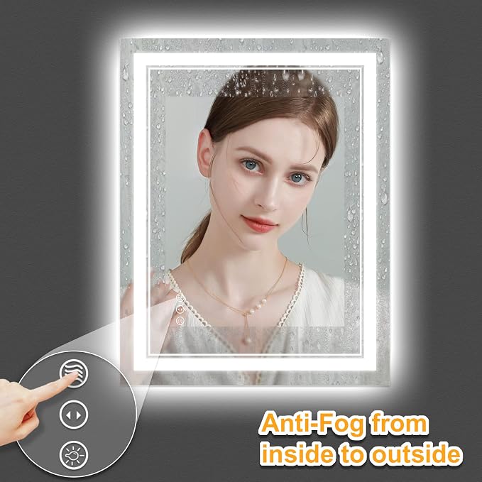 24x36 Inch LED Bathroom Mirror with Lights | Front and Backlit, 3 Colors, Dimmable, Memory, Anti Fog, Shatterproof, Horizontal/Vertical, Lighted Mirrors for Bathroom Wall