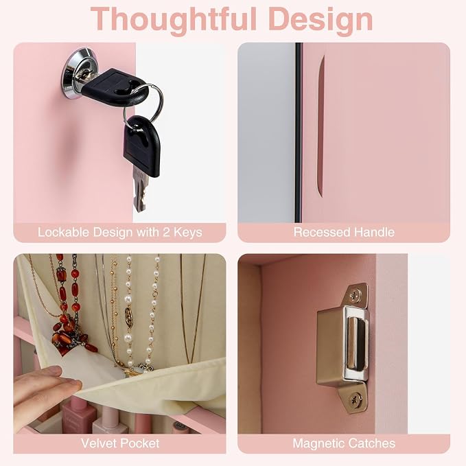 Moccha Wall Door Jewelry Armoire, 47.5" H Full Length Mirrored Jewelry Cabinet with 2 LED Lights and 2 Drawers, Lockable Jewelry Cabinet, Jewelry Organizer Storage for Bedroom (Light Pink)
