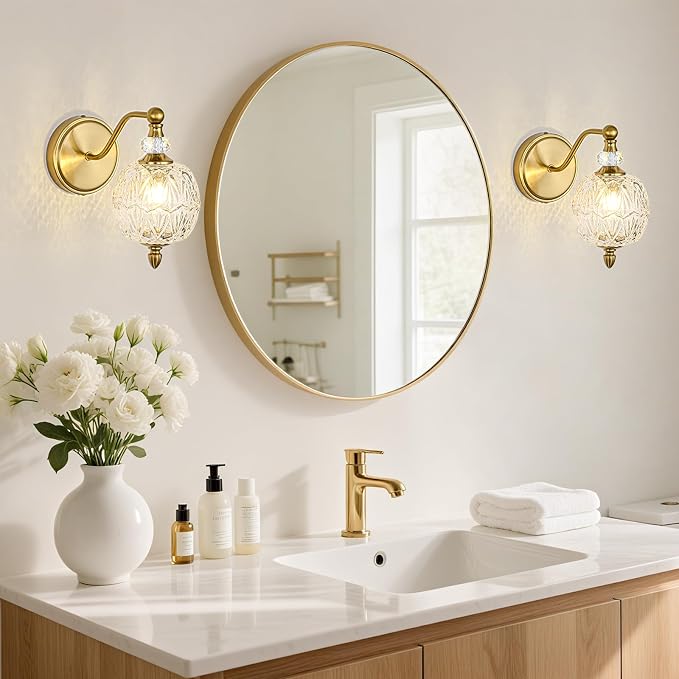 1 Piece Vintage Wall Sconce, 1-Light Mid Century Brushed Gold Finish Wall Sconce with Globe Glass Shade, Retro Light for Bathroom, Bedroom, Living Room,Powder Room