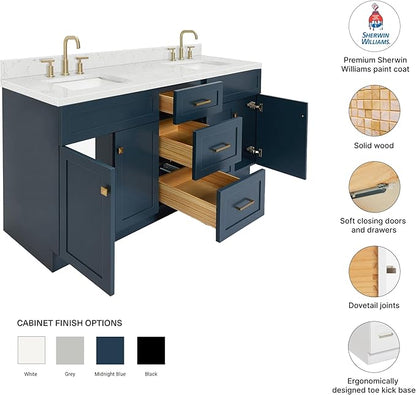 DKB Bradford 72 Inch Bathroom Vanity Double Sink — Midnight Blue Bathroom Vanity with Sink, 1.5" Edge Carrara White Countertop & Backsplash, 4 Soft-Close Doors, and 3 Dovetail Drawers