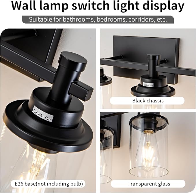 Modern Black Bathroom Vanity Lighting Over Mirror,6 Lights Bathroom Vanity Lights with Clear Glass Shade, Metal Vanity Lights for Bathroom,Bedroom,Living Room