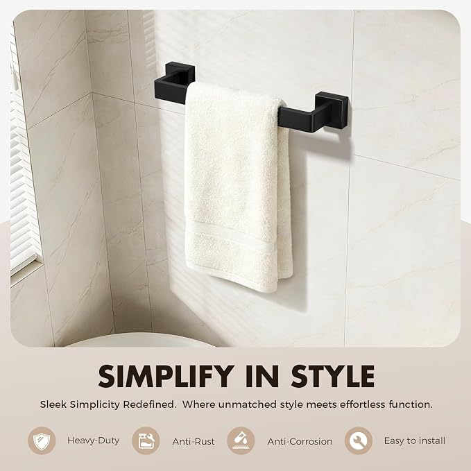 5-Pieces Matte Black Bathroom Accessories Set, 16 Inch Bath Towel Bar Set | Stainless Steel, Towel Ring, Toilet Paper Holder, Robe Hooks, Towel Racks for Bathroom Wall Mounted, Bathroom Hardware Set