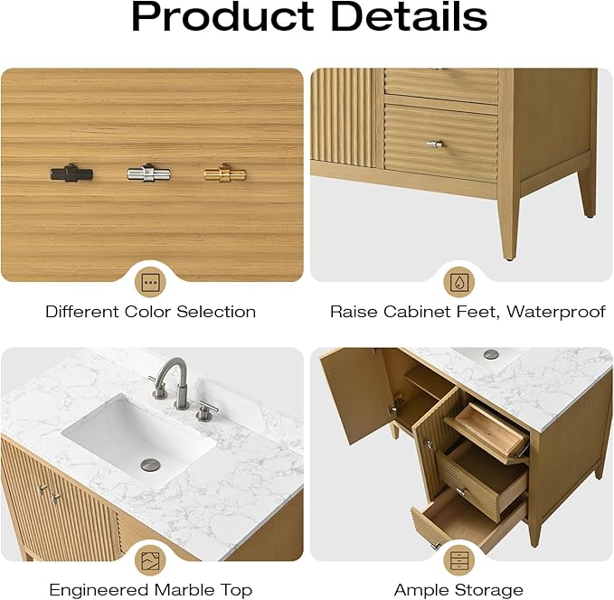 Vanity Art 36 inch Oak Bathroom Vanity with Single Sink & Ceramic Top, Vanity Cabinet with Soft-Closing Door, Solid Wood Frame, Linear Pattern, Natural Oak, VA9136-NO-MB,Matte Black Handles