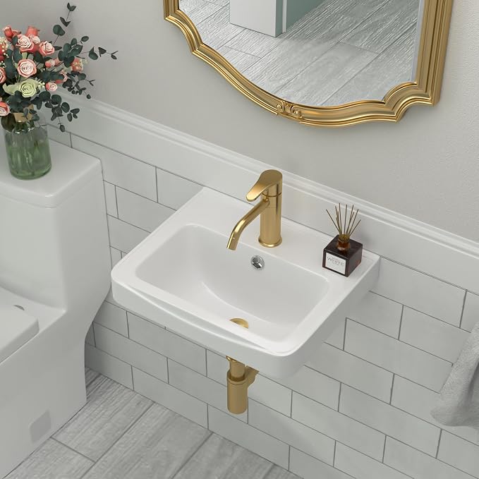 Wall Mount Vessel Sink | Beslend 17x14 Inch White Ceramic Vessel Sink, Rectangular White Art Hand Wash Basin with Overflow and Hole, Space-Saving