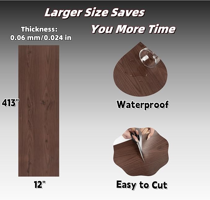 Peel and Stick Floor Roll:12 * 413in Vinyl Flooring Roll | Waterproof,Self-adhesive Floor Tile Sticker for Bathroom/Kitchen/Bedroom/Livingroom/Hallway(Walnut Brown)