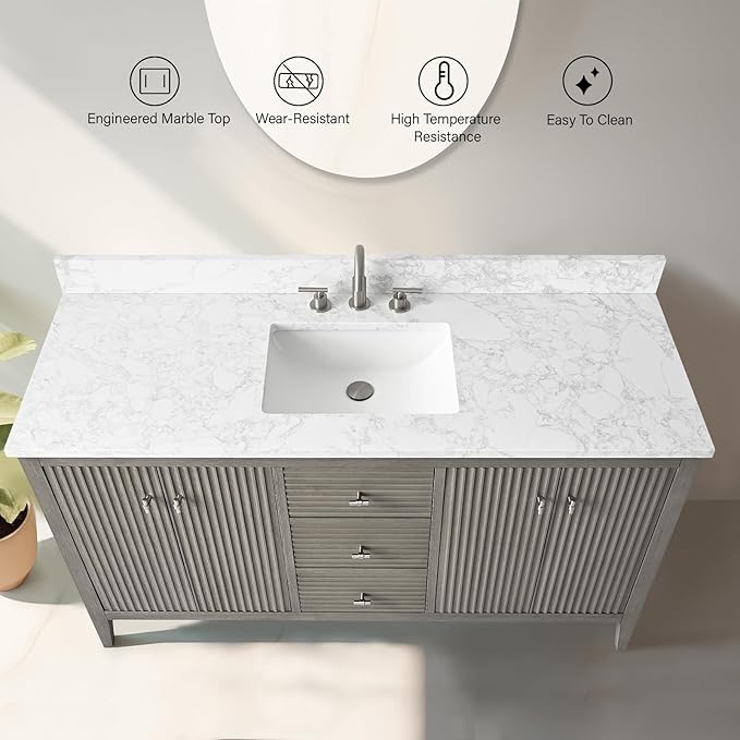 Vanity Art 60 inch Bathroom Vanity with Single Sink & Ceramic Top, Vanity Cabinet with Soft-Closing Door, Solid Wood Frame, Linear Pattern, Driftwood Gray, VA9160-SDG-MB,Matte Black Handles