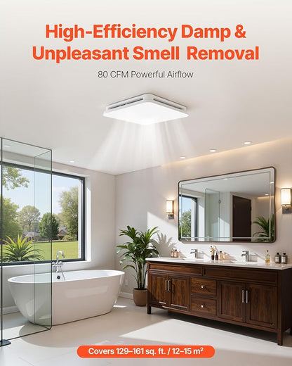VEVOR Bathroom Exhaust Fan with LED Light, 80 CFM 4000K Bathroom Vent, 1.5 Sones Low-Noise, Premium Motor Ceiling Fan for Laundry Room, Storage Room, Home Ventilation, White