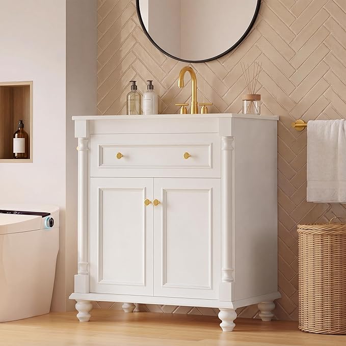 YESHOMY 30" Bathroom Vanity with Sink, Bathroom Storage Cabinet | Bathroom Vanity, Solid Wood, Integrated Ceramic Basin, 1 Flip-Down Drawer, 2 Doors & Adjustable Shelf, Milk White