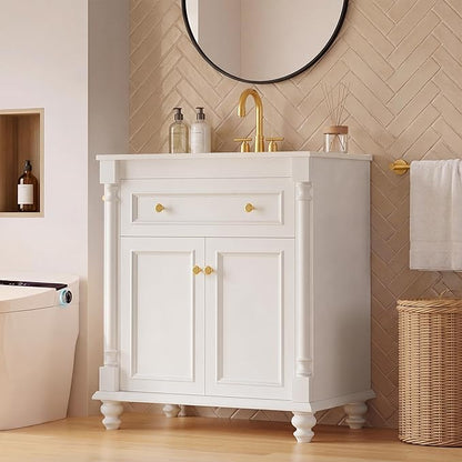 YESHOMY 30" Bathroom Vanity with Sink, Bathroom Storage Cabinet | Bathroom Vanity, Solid Wood, Integrated Ceramic Basin, 1 Flip-Down Drawer, 2 Doors & Adjustable Shelf, Milk White