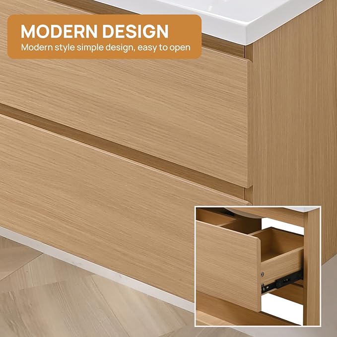 Wall-Mount Bathroom Vanity with Sink Combo, Cabinet Included, Large Drawers for Ample Storage (Wood, 48“)