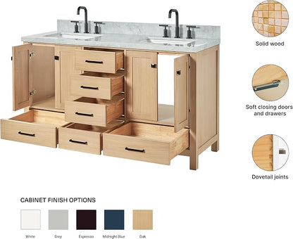 ARIEL Cambridge 60-inch Bathroom Vanity with Sink,Solid Wood, 1.5-inch Italian Carrara Marble Countertop, Double Rectangular Porcelain Sink, 4 Soft Closing Doors, 6 Dovetail Drawers, White Oak
