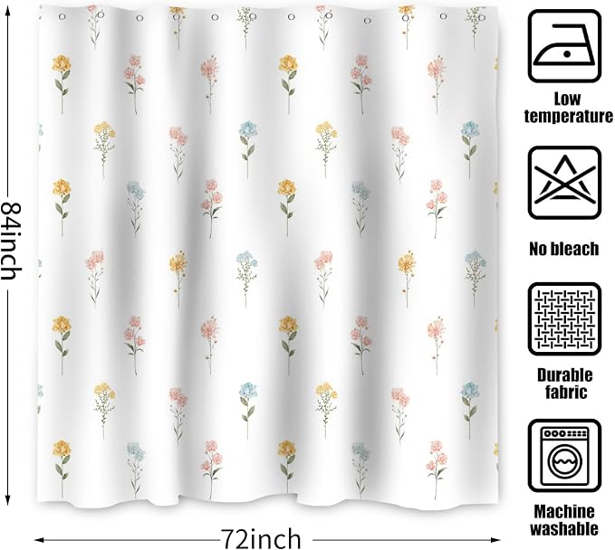 Floral Extra Long Shower Curtain, Wildflower Botanical Plant Leaves Cute Flower Spring Herbs Elegant Waterproof Fabric Machine Washable for Bathroom Bathtub with Hooks 72Wx78H